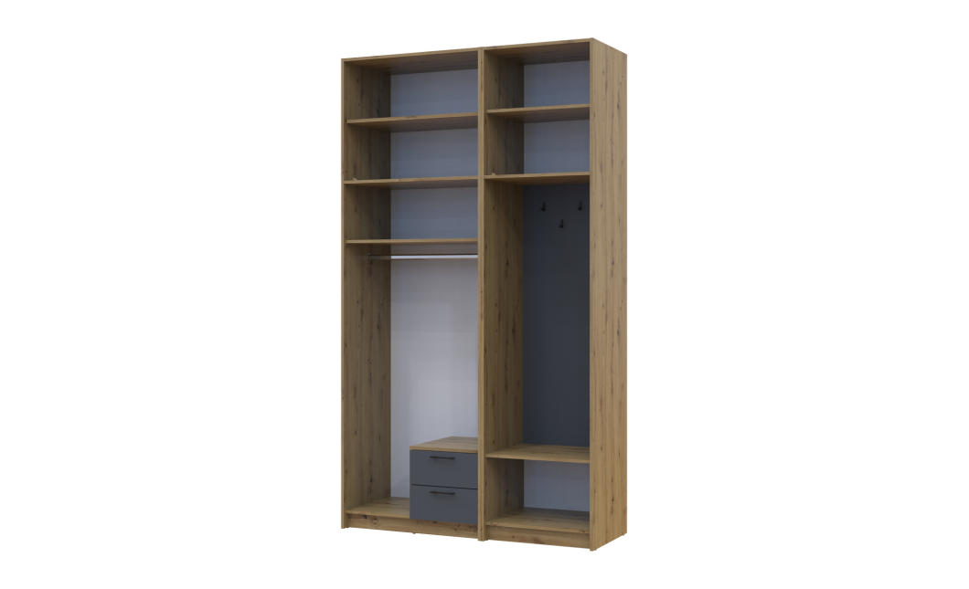 Nyílóajtós gardrobszekrény Doros Rondi akasztóval, tükörrel és magas felsőszekrénnyel Artizán tölgy/Grafit 2 ajtós 142×52×260 (42005279)