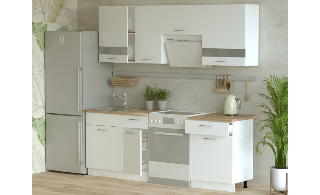 Leia Konyha Doros Fehér / Sonoma tölgy / Üveg betét 220x60x250 (80359337)