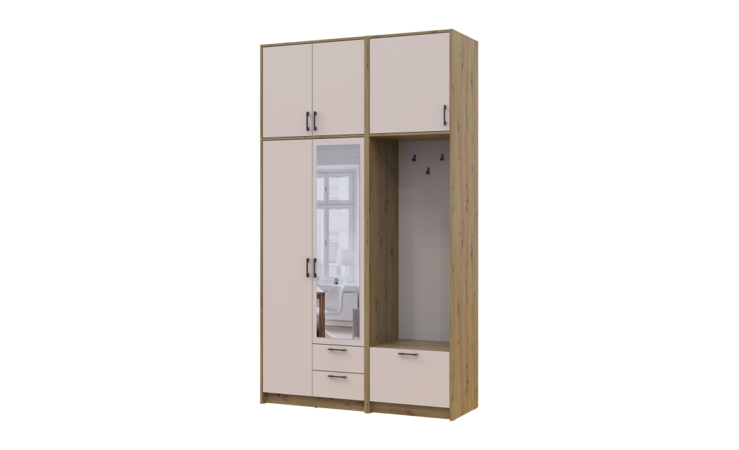 Nyílóajtós gardrobszekrény Doros Rondi akasztóval, tükörrel és magas felsőszekrénnyel Artizán tölgy/Kasmír 2 ajtós 142×52×260 (42005278)