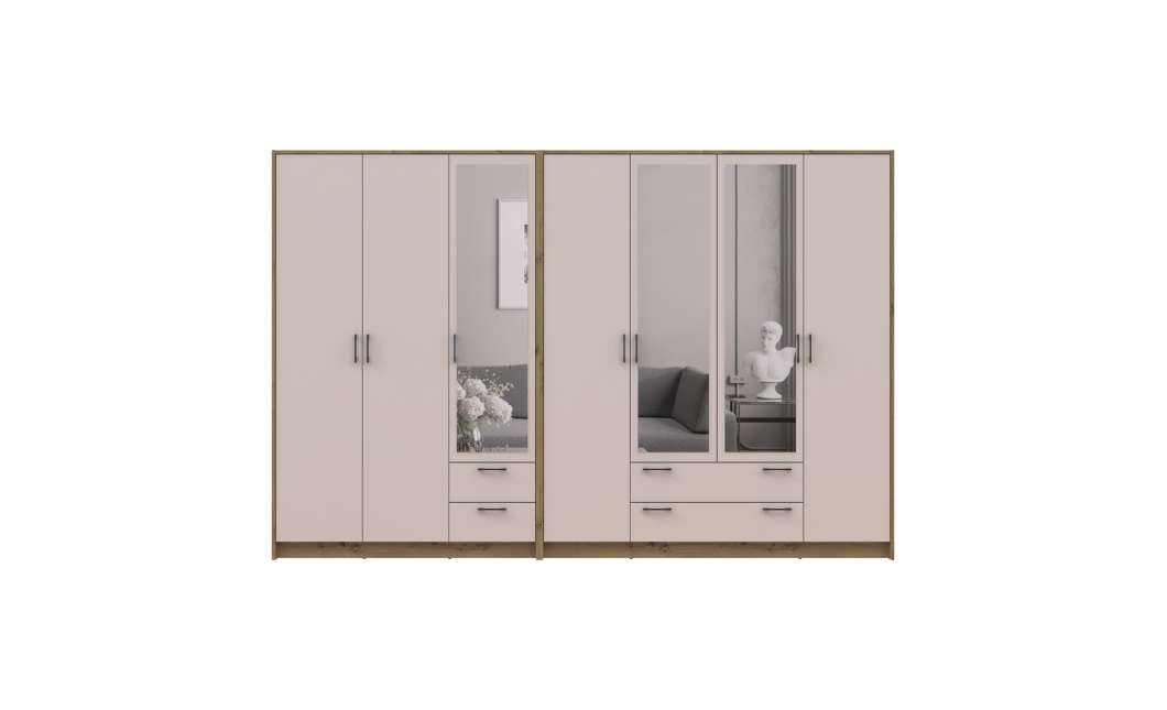 Nyílóajtós gardrobszekrény Doros Rondi tükörrel Artisan tölgy/Kasmír 3+4 ajtós 281х52х195 (42005661)