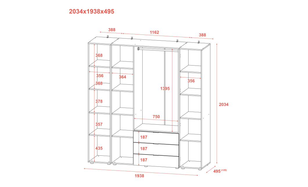Gardróbszekrény szett Doros Gelár 2 nyitott polccal Sonoma 3 bútorlap 192,6x49,5x203,4 (42005049)
