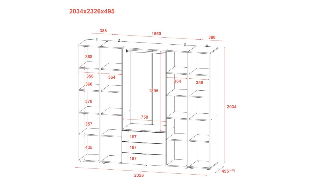 Gardróbszekrény szett Doros Gelár 2 nyitott polccal Sonoma tölgy 4 bútorlap 231,4x49,5x203,4 (42005050)