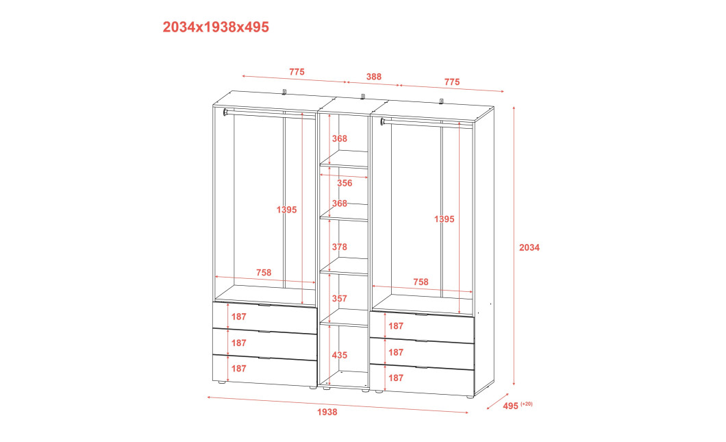 Gardróbszekrény szett Doros Gelár nyitott polccal 2+2 bútorlap 193,2x49,5x203,4 (42005044)