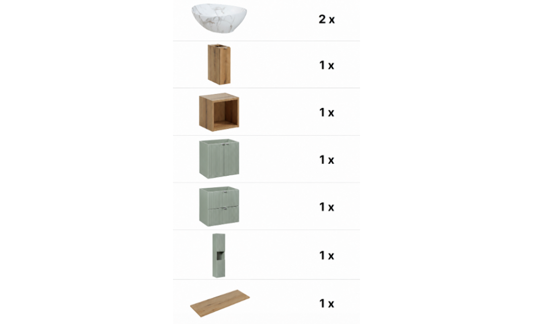 140 cm-es fürdőszobabútor-garnitúra munkalappal, 2 db Pati pultra szerelhető mosdóval és magas szekrénnyel (20090078)