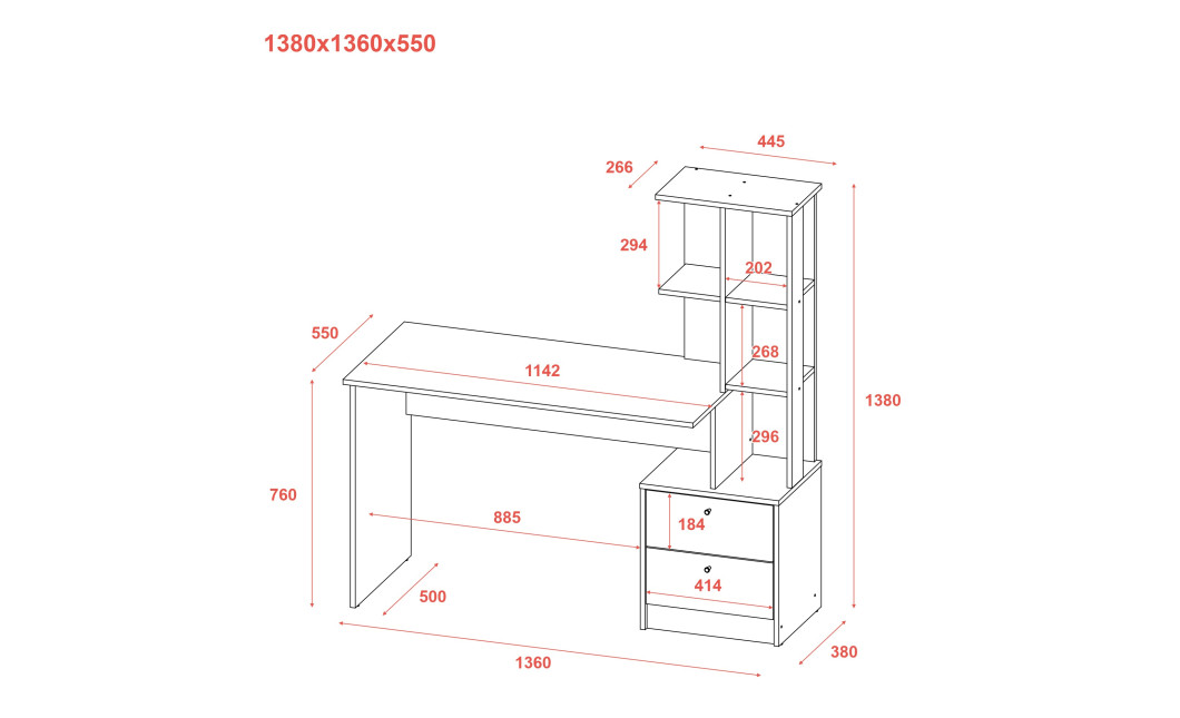 Felépítményes számítógépasztal Doros T7 Fehér 136x55x138 (81373482)