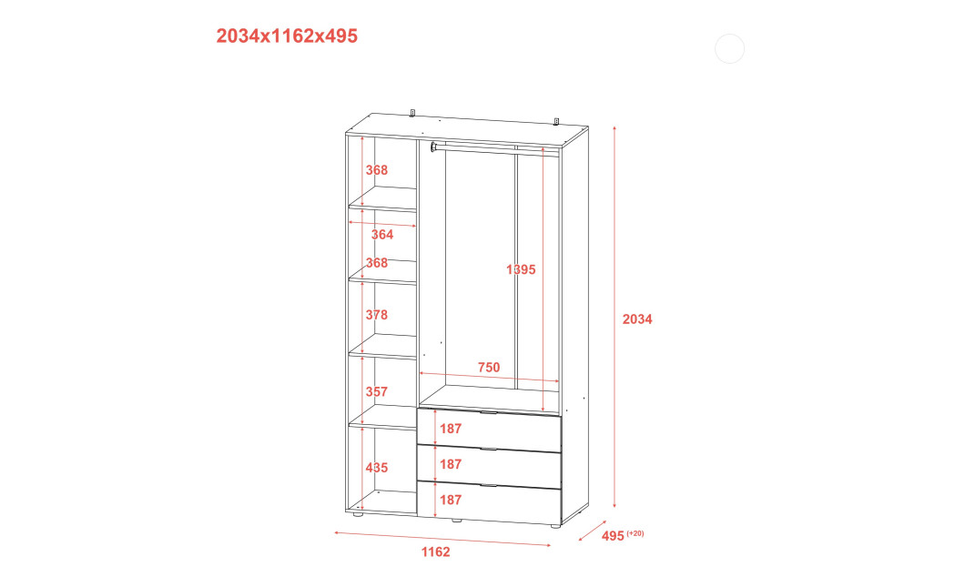 Nyílóajtós gardróbszekrény Doros Gelár Sonoma tölgy 3 bútorlap 116,2x49,5x203,4 (80397559)