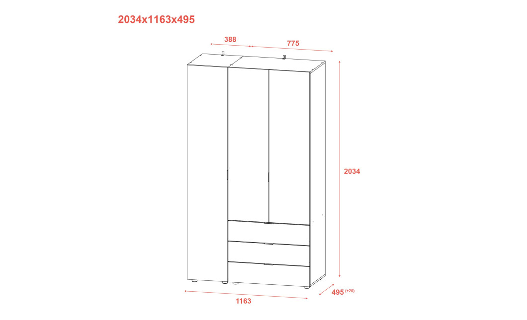 Nyílóajtós gardróbszekrény Doros Gelár Fehér 2 bútorlap / Tükör 116,5x49,5x203,4 (42002154)