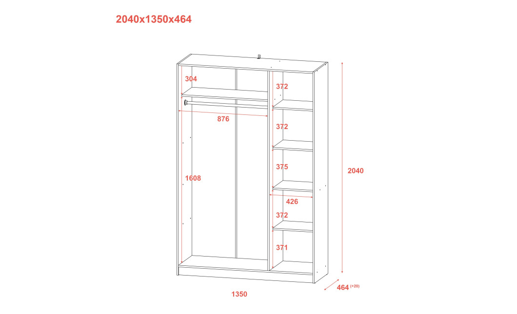 Nyílóajtós gardrobszekrény Doros Promo 3 ajtó Antracit 135х48х204 (44900524)