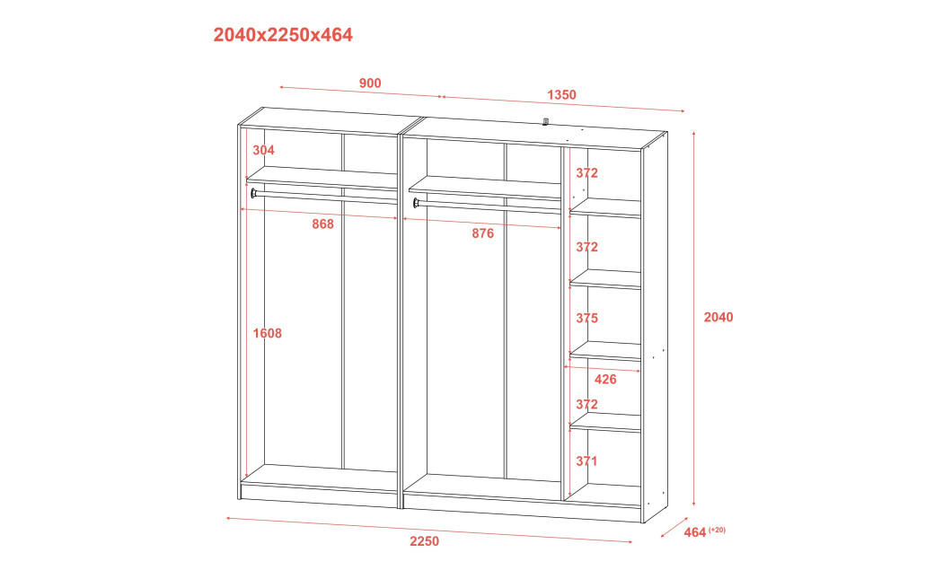 Nyílóajtós gardróbszekrény Doros Promo Sonoma tölgy 2+3 bútorlap 225x48x204 (42005003)