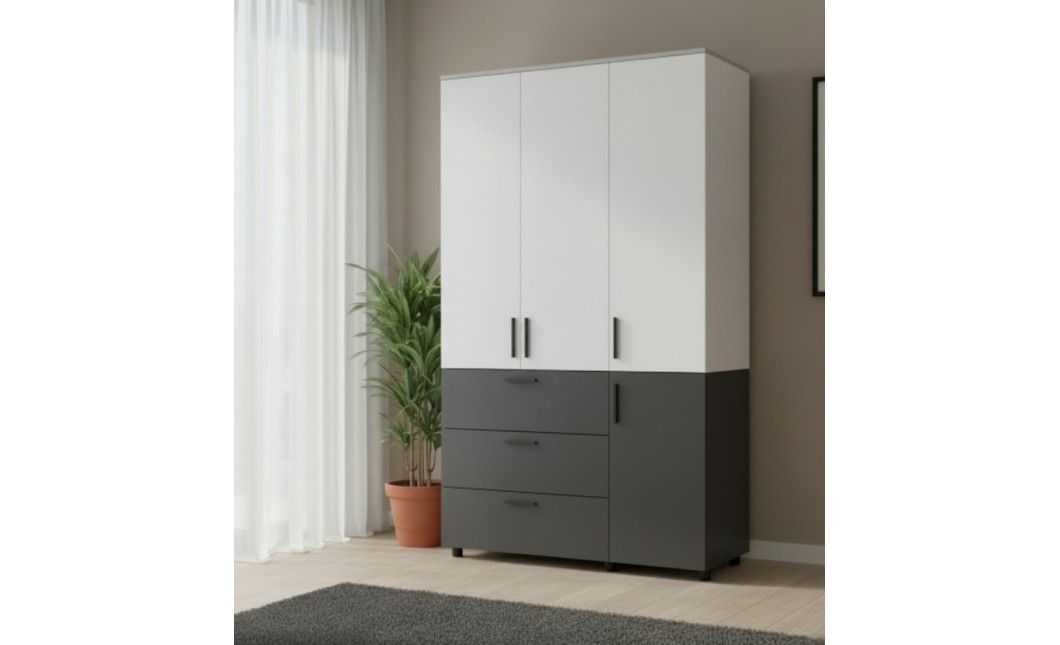 Nyílóajtós gardrobszekrény Doros Thorn Antracit/Fehér 3 ajtó/3 fiók polcokkal 135x51,6x200 (44900518)