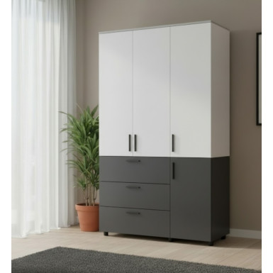 Nyílóajtós gardrobszekrény Doros Thorn Antracit/Fehér 3 ajtó/3 fiók polcokkal 135x51,6x200 (44900518)