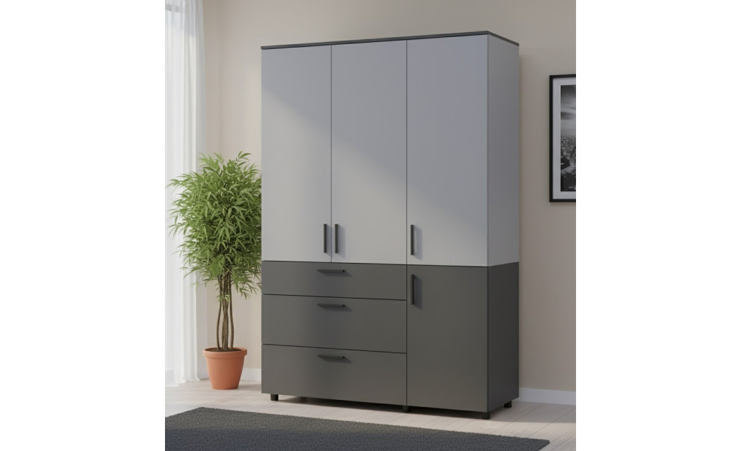 Nyílóajtós gardrobszekrény Doros Thorn Antracit/Szürke 3 ajtó/3 fiók polcokkal 135x51,6x200 (44900522)