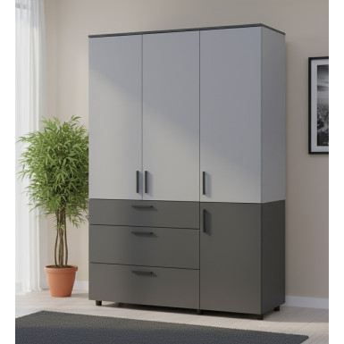 Nyílóajtós gardrobszekrény Doros Thorn Antracit/Szürke 3 ajtó/3 fiók polcokkal 135x51,6x200 (44900522)