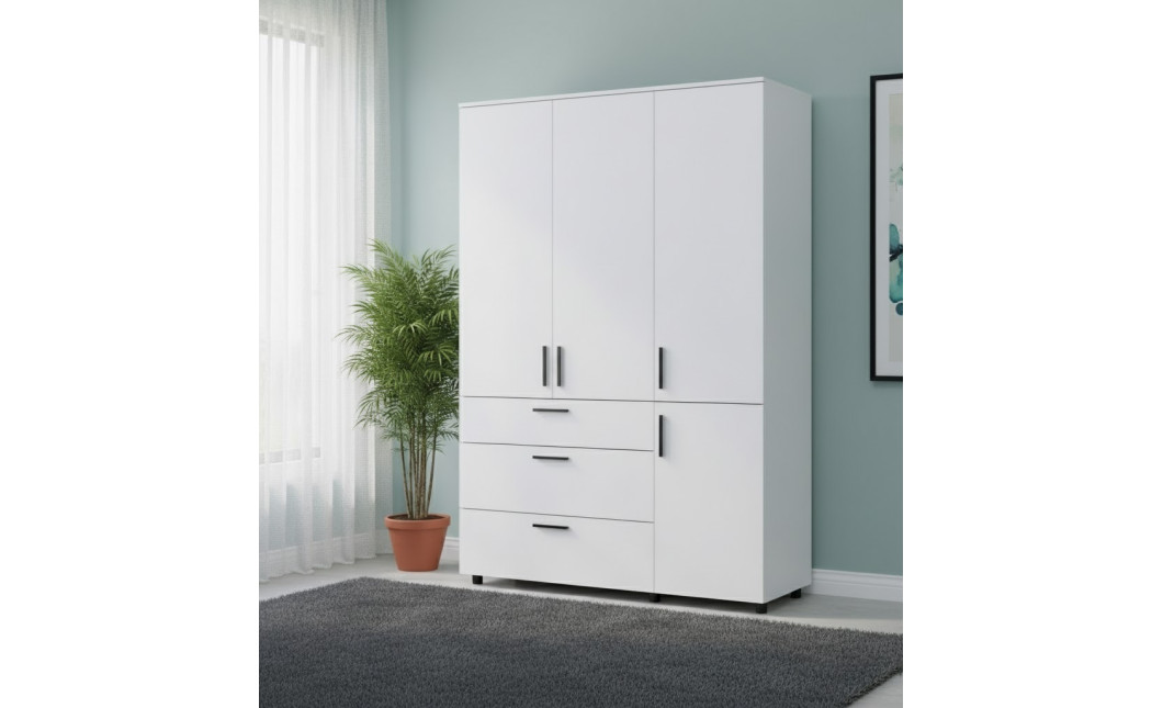 Nyílóajtós gardrobszekrény Doros Thorn Fehér 3 ajtó/3 fiók vállfás 135x51,6x200 (44900485)