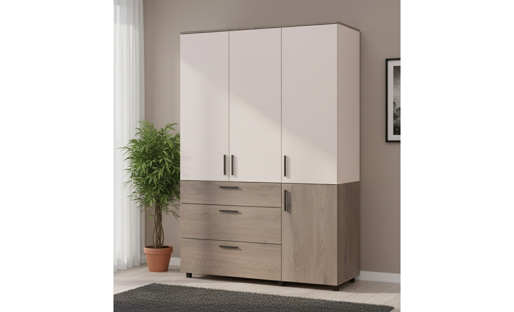 Nyílóajtós gardrobszekrény Doros Thorn Cremona Cannolo/Kasmír 3 ajtó/3 fiók polcokkal 135x51,6x200 (44900502)