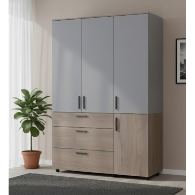 Nyílóajtós gardrobszekrény Doros Thorn Cremona Cannolo/Szürke 3 ajtó/3 fiók polcokkal 135x51,6x200 (44900506)