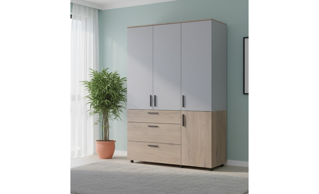 Nyílóajtós gardrobszekrény Doros Thorn Cremona Cannolo/Szürke 3 ajtó/3 fiók vállfás 135x51,6x200 (44900505)
