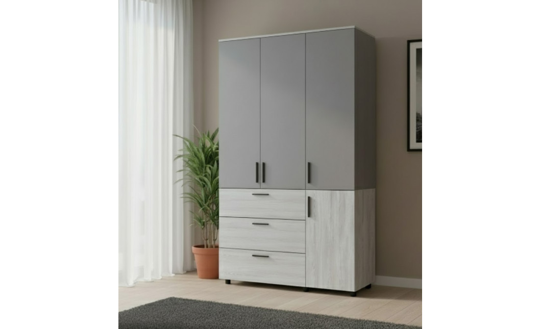 Nyílóajtós gardrobszekrény Doros Thorn Natti Lúcc/Szürke 3 ajtó/3 fiók polcokkal 135x51,6x200 (44900514)