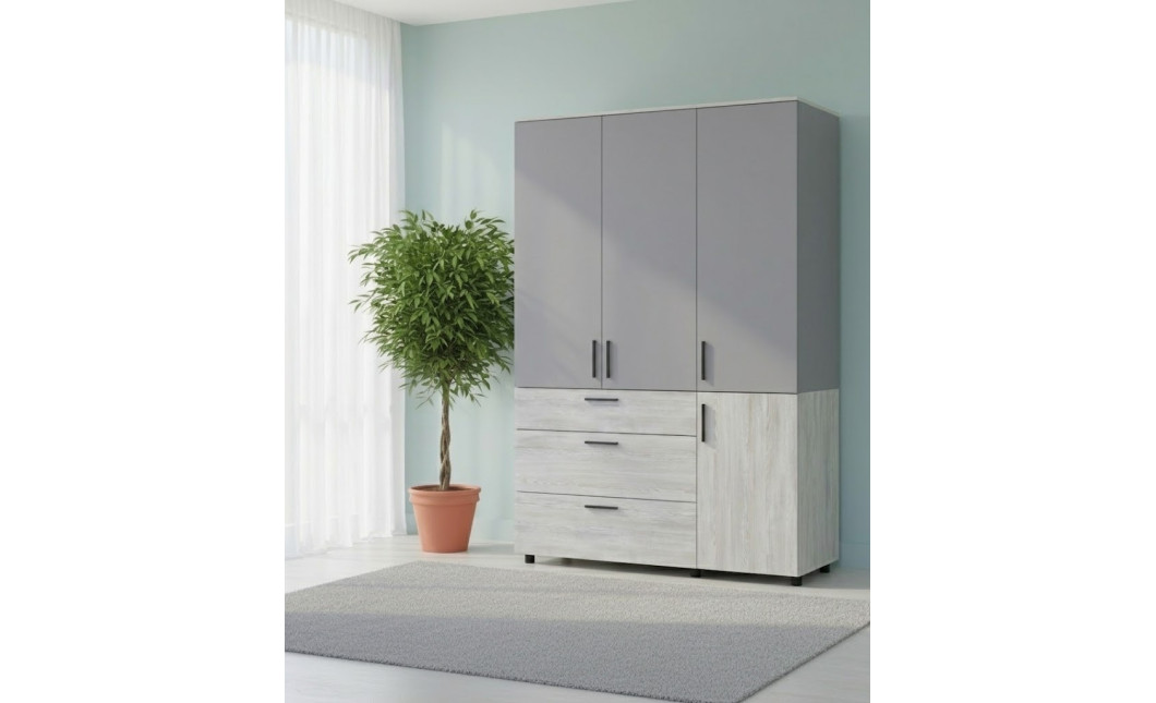 Nyílóajtós gardrobszekrény Doros Thorn Natti Lúcc/Szürke 3 ajtó/3 fiók vállfás 135x51,6x200 (44900513)
