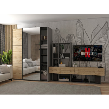 Tolóajtós gardróbszekrény Doros G-Caiser antracit / Evok tölgy 1 ajtó / 1 tükör / 3 rész 160x60x240 (42005413)
