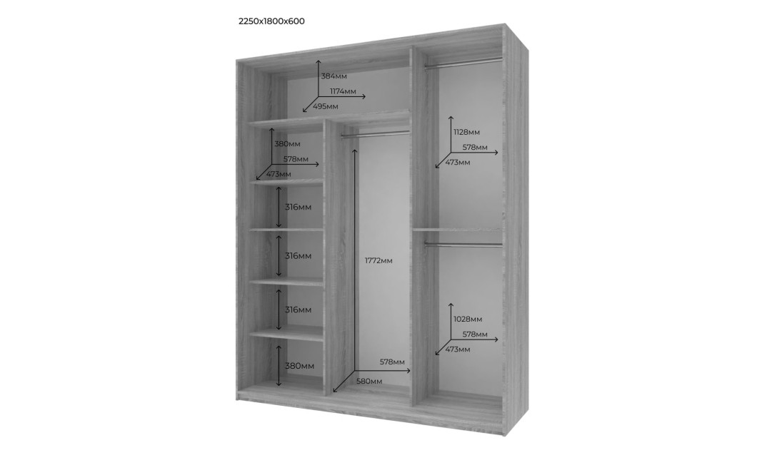 Doros City light tolóajtós gardróbszekrény Kasmír 2 Bútorlap / 1 Tükör 180х60х225 (80736371)